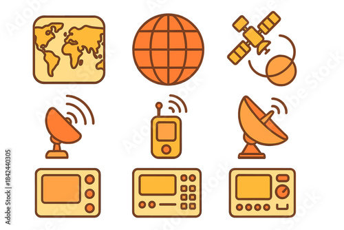 Illustrations of communication technology and global connectivity featuring maps, satellites, and devices