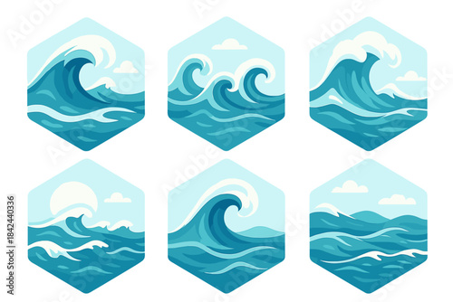 Colorful illustrations of ocean waves displaying various textures and shapes during different times of the day