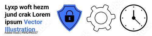 Cybersecurity, data protection, system settings, time management, digital tools, workflow efficiency. A security shield with lock, a gear and a clock icon. Cybersecurity and system settings concept