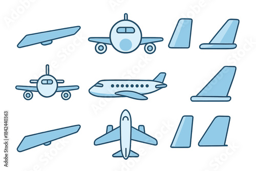 Various airplane designs and components illustrated in simple blue style