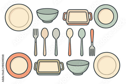 Set of colorful tableware arranged neatly for serving meals during dining occasions