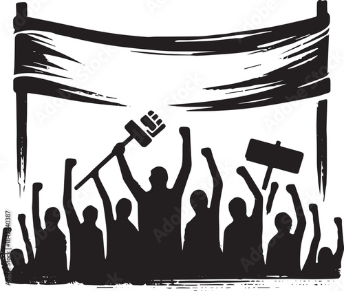 Silhouette crowd rallying with banner in expressive brushstroke