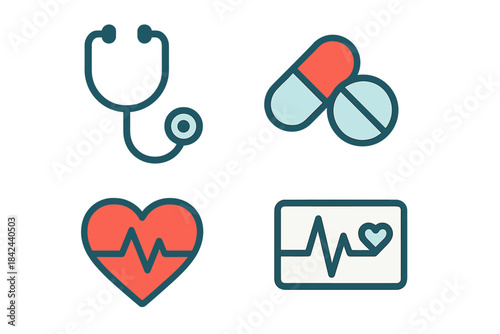 Health care symbols showing a stethoscope, pills, heart rate, and heartbeat line for medical concepts