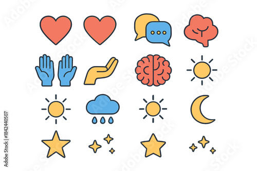 Variety of colorful icons representing emotions, thoughts, nature, and symbols of day and night