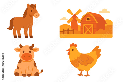 Colorful farm animals gathered around a barn with a windmill in a sunny countryside setting