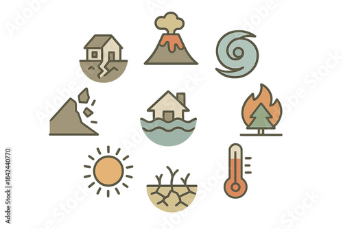 Natural disasters illustrated in simple icons representing various environmental threats and changes