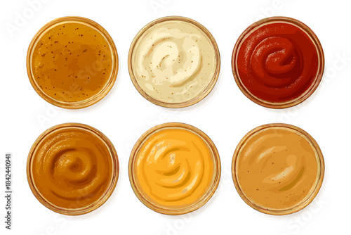 Assorted sauces in small jars arranged in a neat pattern on a white background