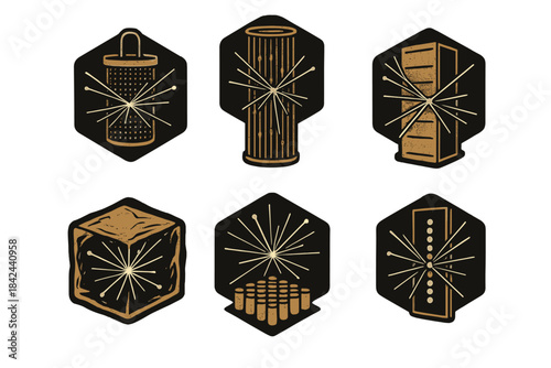 Unique geometric badge designs featuring various shapes and stars in a modern style
