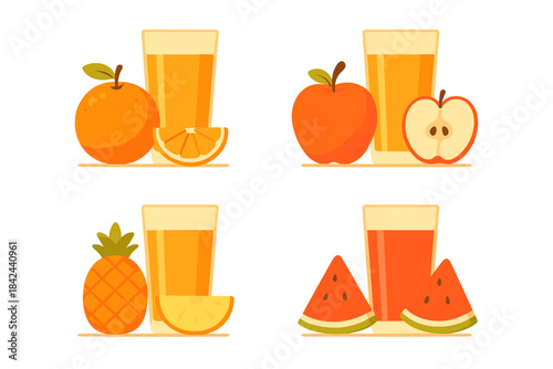 Refreshing fruit juices served in clear glasses with different fruits on display in a vibrant arrangement of colors