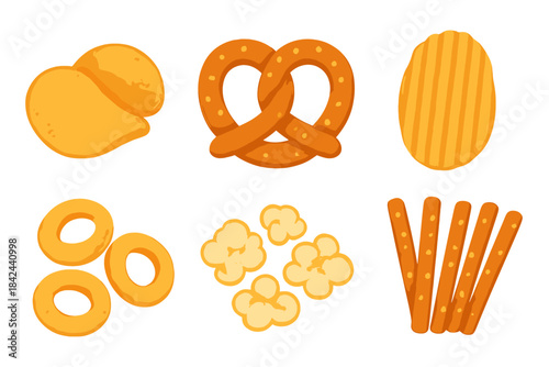 Snack assortment featuring pretzels, chips, and popcorn on a clean white background