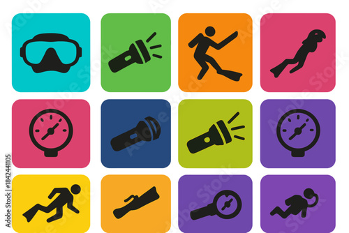 Diverse underwater activities represented through colorful icons showcasing scuba diving, snorkeling, and marine exploration gear