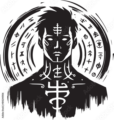 Mystic warrior illustration with glowing runes in sumi-e minimal