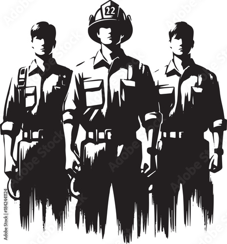 Heroic firefighters team illustrated with sumi-e technique in mo
