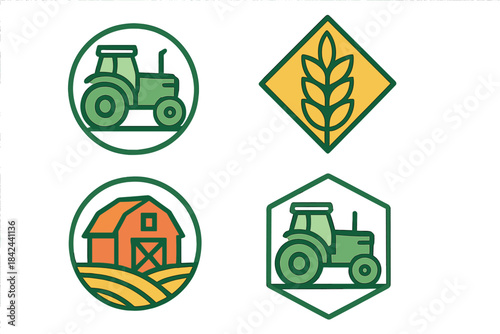 Illustrations of farming elements featuring tractors, barn, and wheat in simple design