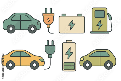Electric vehicles and charging stations showcased in various designs and styles in a flat graphic format