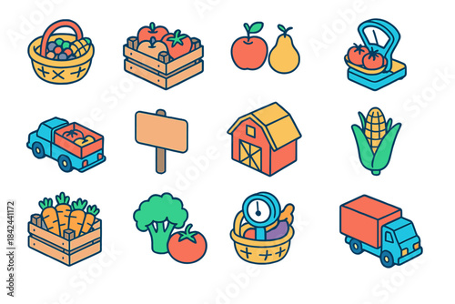 Colorful farm produce icons showcasing baskets, trucks, and a barn illustrating harvest season abundance