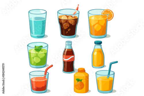 Collection of colorful beverages in clear glasses arranged on a white background for a refreshing display