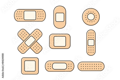 Variety of adhesive bandages displayed on a simple background showing different shapes and sizes suitable for minor injuries