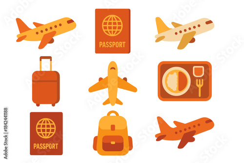 Travel essentials featuring airplane icons, passports, luggage, and meal trays for a journey preparation theme