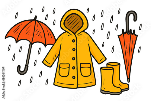 Sunny yellow raincoat and accessories ready for a rainy day outside