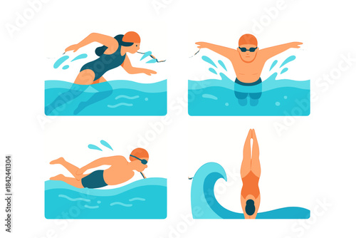 Swimmers practicing different strokes and techniques in a clear blue pool setting during a sunny day