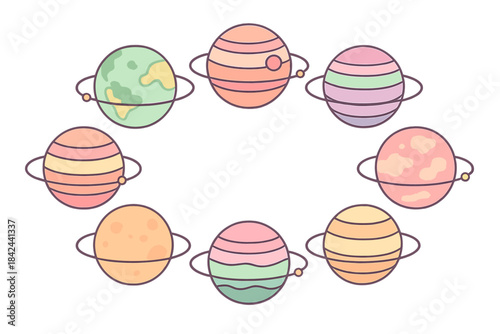 Colorful cartoon planets arranged in a circle with rings depicting the solar system in a playful and educational style