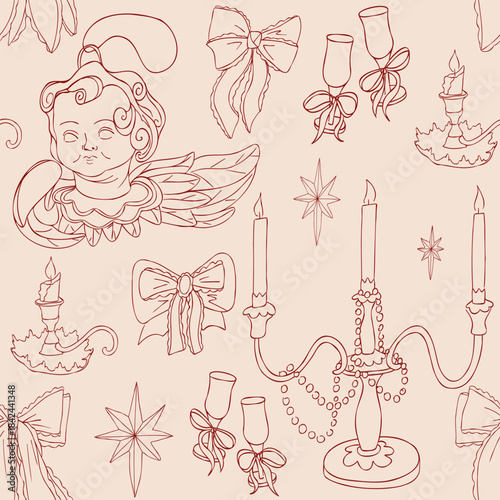 Coquette seamless pattern with cherub angel, bows, candelabra, candleholder in vintage contour style. Whimsical print for Valentine's Day. Vector hand drawn illustration for packaging, wrapping paper