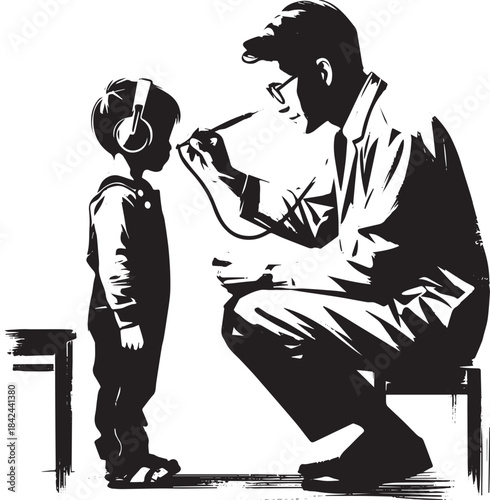 Audiology Assessment: A Man Examines a Child's Hearing in Brush