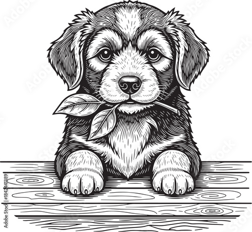 Charming Engraved Illustration of a Puppy with a Leaf on Wooden
