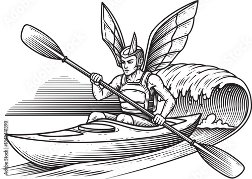 Winged kayaker confronting ocean wave engraving, adventure trave