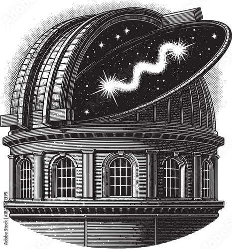 Detailed Woodcut Illustration of an Astronomical Observatory wit