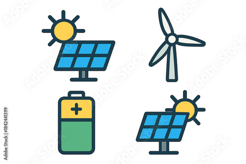Renewable energy icons showcasing solar power, wind power, and battery storage in a clean, modern design