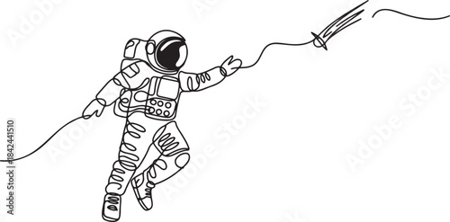 Continuous line drawing cosmonaut space travel minimal one line art minimalist black white vector graphic