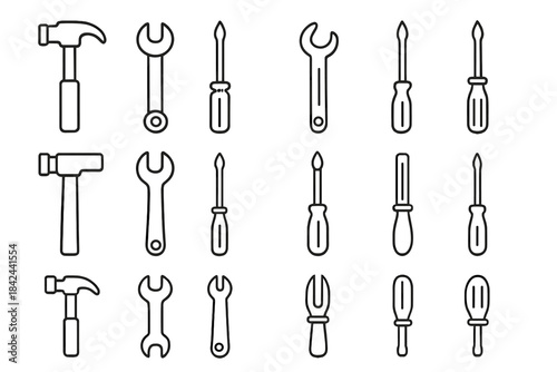Various hand tools including hammers, wrenches, and screwdrivers arranged in a grid pattern on a white background