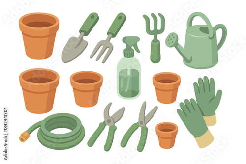 Gardening tools and supplies arranged on a white background for planting and caring for flowers and plants