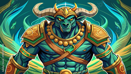 Very beautiful depiction of a bull-headed warrior creature from ancient legends, showing muscular anatomy, labyrinth symbolism, dynamic stance, and clean vector lines ideal for fantasy illustrations 