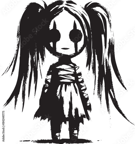 Monochrome ink drawing a eerie doll with vacant eyes and ragged