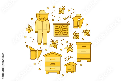 Exploring beekeeping with a beekeeper, hives, bees, and tools in a vibrant garden setting