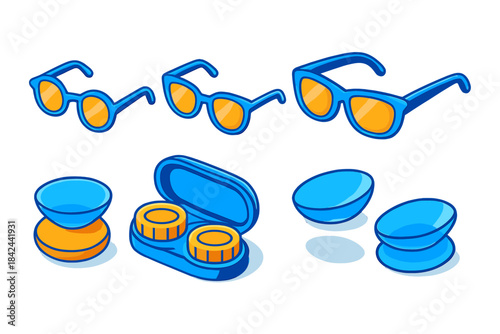 Isometric set of vision accessories including sunglasses and contact lenses