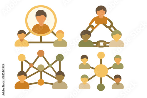 Abstract people icons forming social networking and organizational structure diagrams