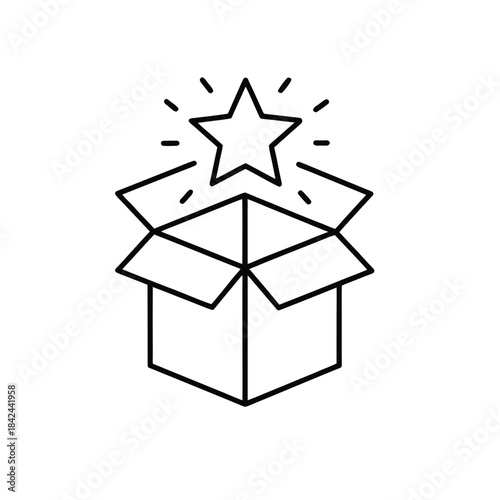 Open Box with Star Line Drawing in Black and White – Minimal Surprise and Reveal Icon