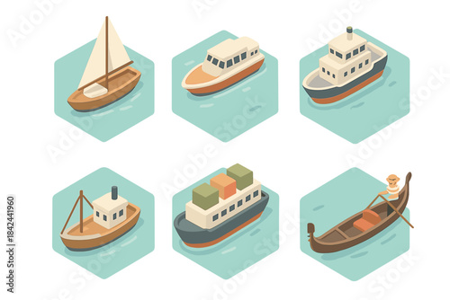 Isometric set of water transport vessels including sailboat cargo ship and gondola