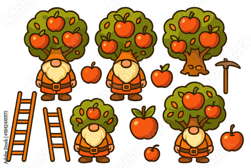 Happy gnomes in orange clothes gather apples from trees in a whimsical orchard setting during a sunny day