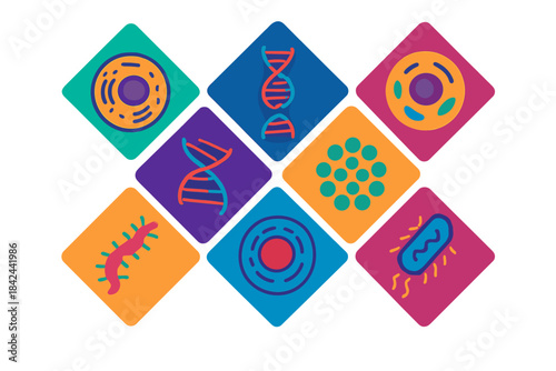 Colorful illustrations showcasing various biological structures and microorganisms in a creative arrangement