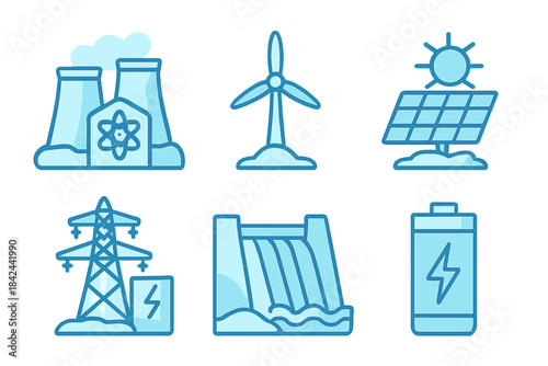 Renewable energy sources are represented through various icons showcasing solar, wind, hydro, and nuclear power options