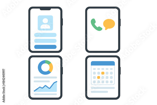 Mobile app screens showing user profile, communication, data analysis, and calendar scheduling functions