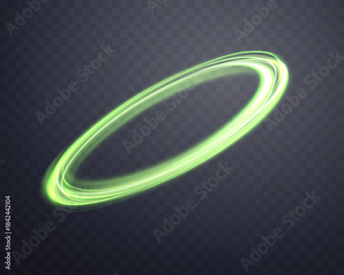 Dynamic orbital flare halo ring. Neon realistic energy swoosh swirl. Abstract vector illustration.