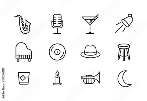 Late Night Jazz Icons. Late Night Jazz. Line icon set of Late Ni