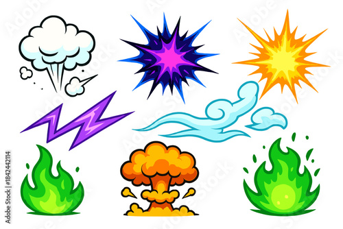 Cartoon comic book style special effects elements set including explosions smoke and fire