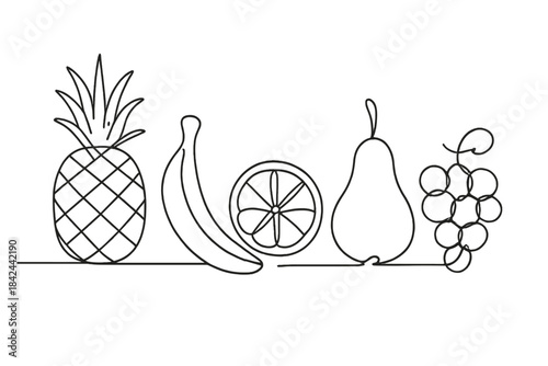Continuous line art of tropical and temperate fruits: pineapple, banana, citrus, pear, grapes
